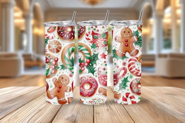 Set aus drei Thermobechern mit festlichen Lebkuchen-, Zuckerstangen- und Stechpalmenmotiven. Perfekt für Weihnachtsgetränke in 590 ml. Ideal für winterliche Stimmung und Geschenkideen.